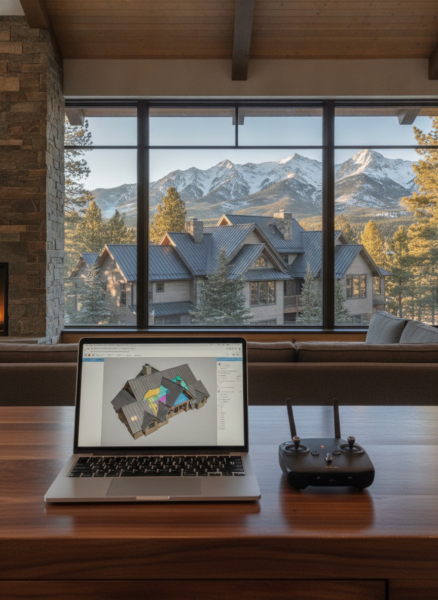Aerial roof measurement report on a laptop screen beside a drone controller, mountain home visible through window