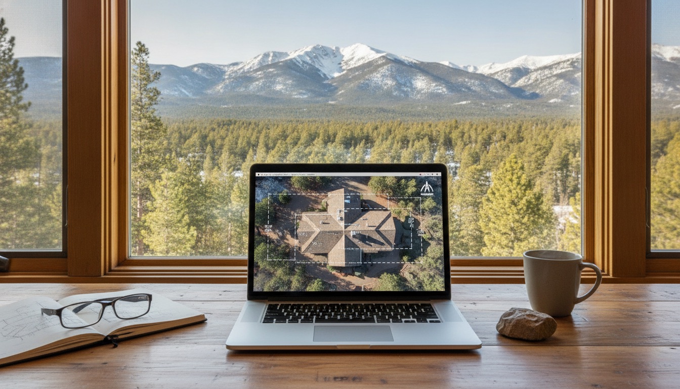 Aerial roof measurement report on a laptop screen, satellite view of mountain home roof