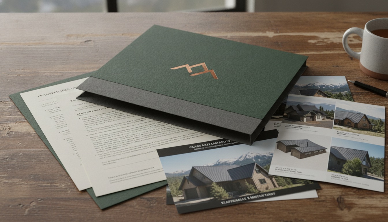 CHGR homeowner package folder with warranty documents and roof photos on a desk