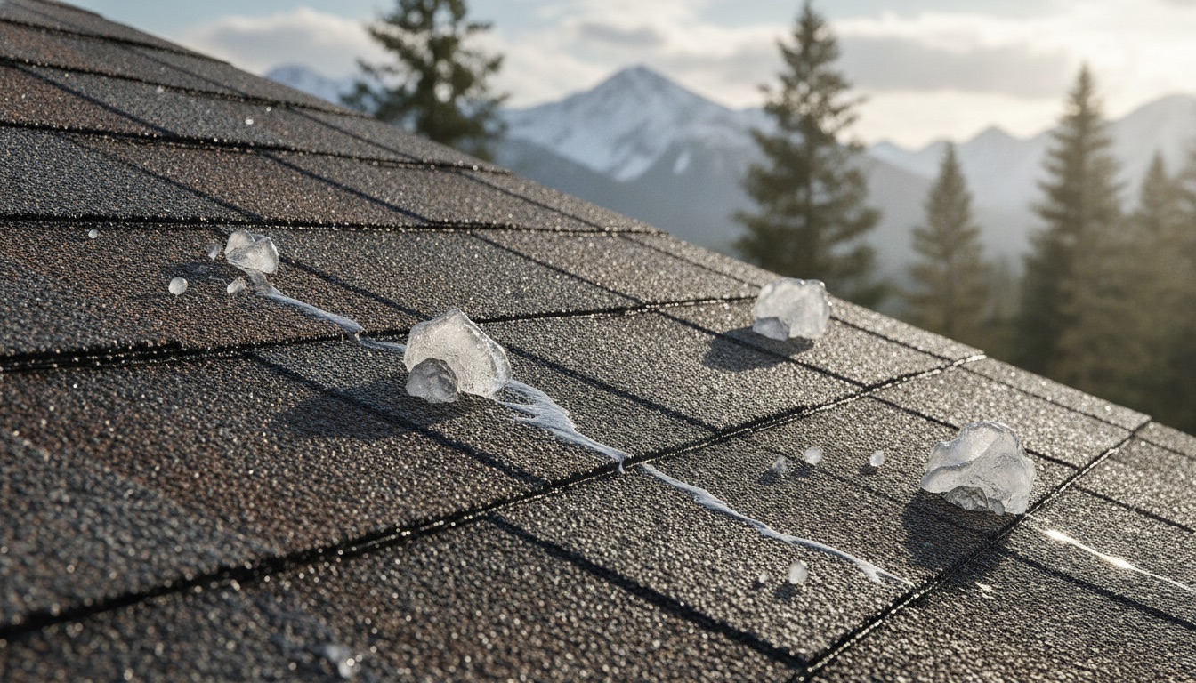 Close up of impact resistant Class 4 asphalt shingle with hailstones on it