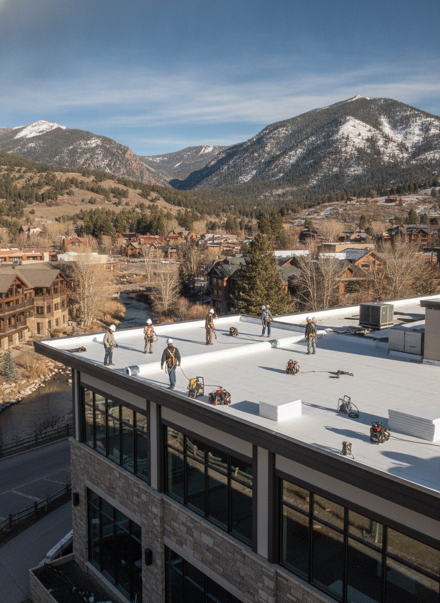 Commercial flat roof with TPO membrane being installed, Colorado foothills town setting