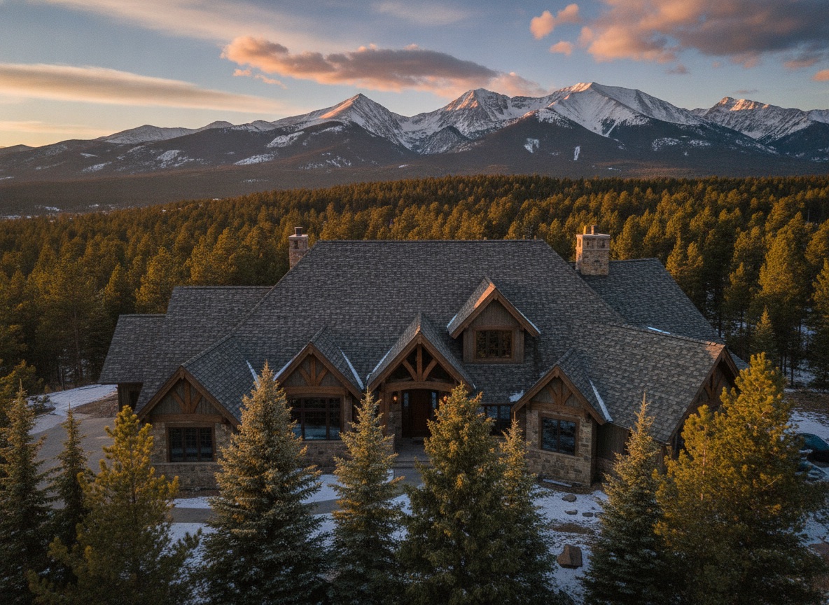 Completed luxury mountain estate in Evergreen Colorado with new dimensional shingle roof, evergreen forest and snowy peaks behind, golden hour