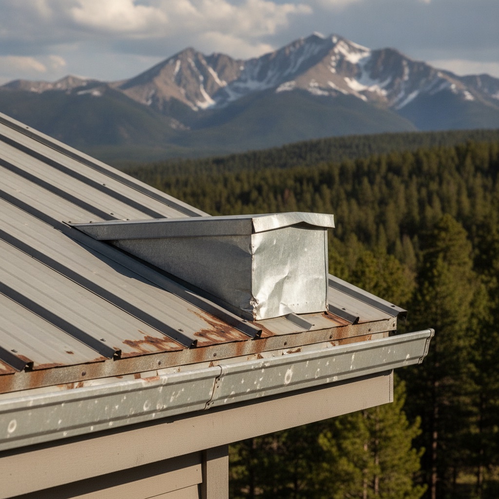 Dented gutter and roof vent