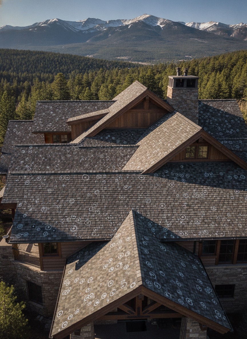 Drone shot of hail-damaged shingles, chalk-circled impacts. Replace with field photo.