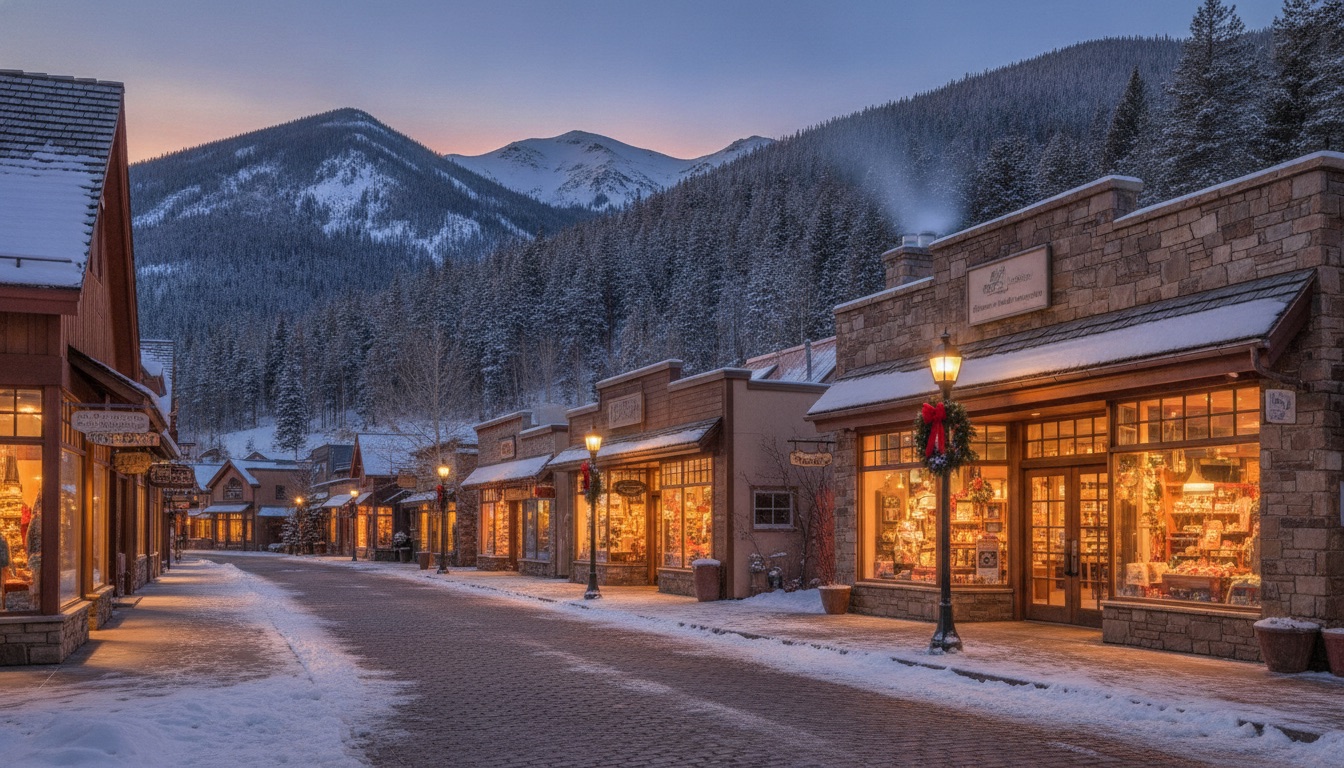 Evergreen Colorado main street in winter, warm local storefronts