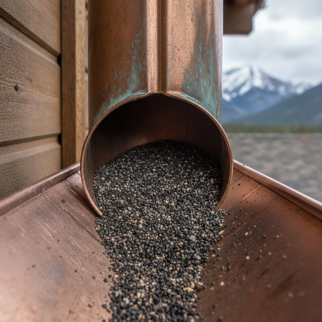 Gutter cleanout showing granule pile