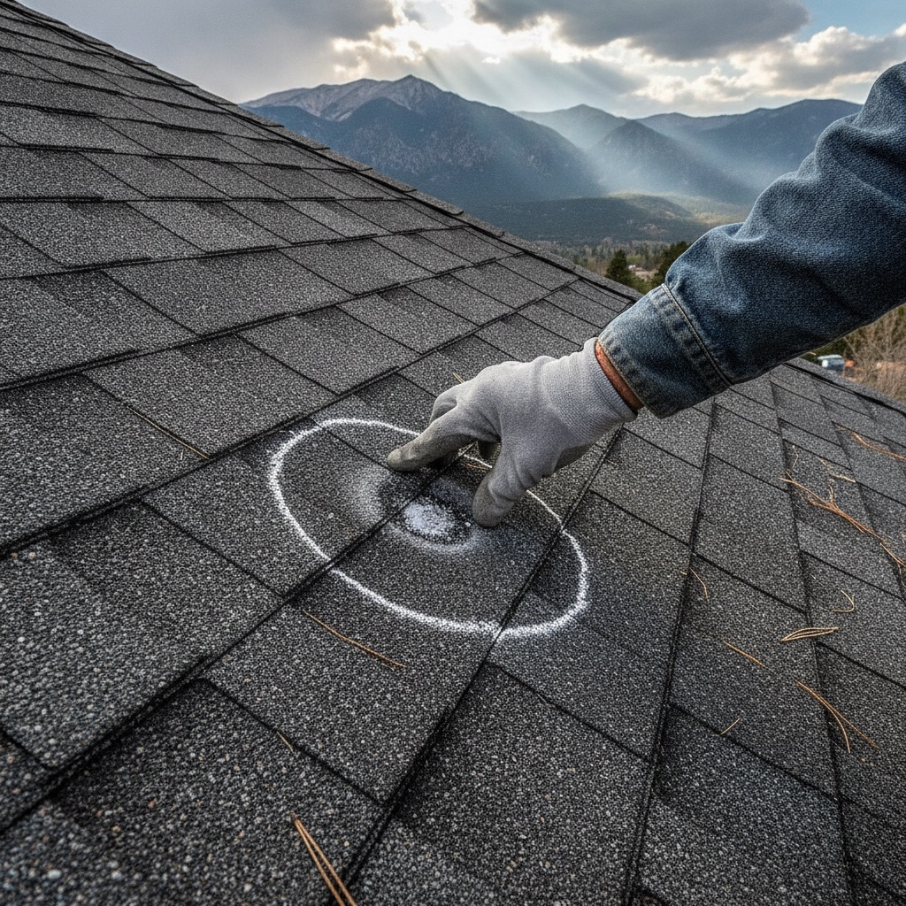 Hand pressing chalked impact mark on shingle