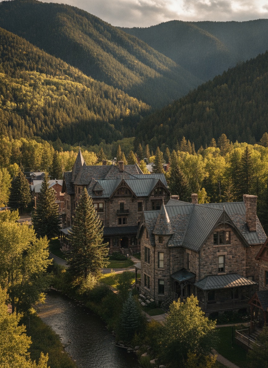 Historic mountain town homes near Georgetown Colorado with steep forested mountainsides