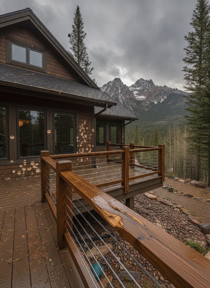 Home exterior after hail storm with dented gutters, damaged siding and deck railing, Colorado mountain setting