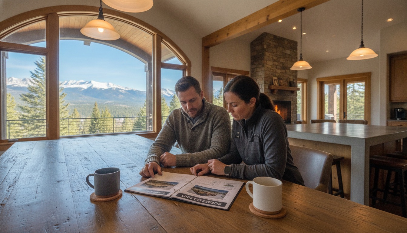 Homeowner and roofer reviewing an assessment report at a kitchen table