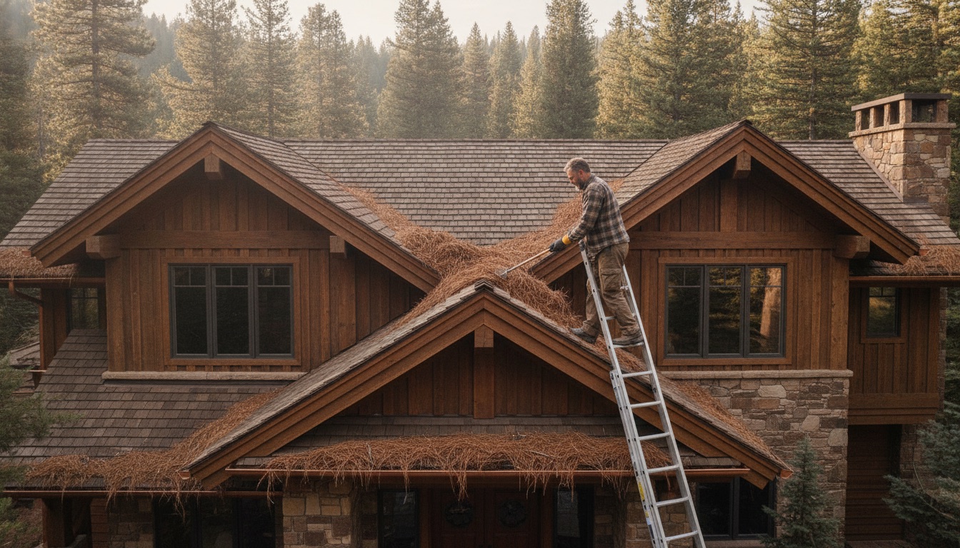 Homeowner clearing pine needles from a roof valley with gutters full of needles below