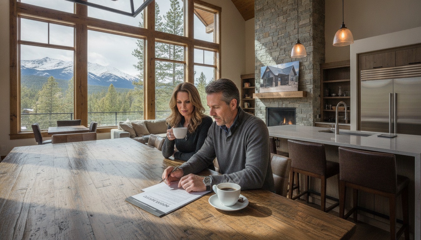 Homeowner reviewing roofing contract documents at a kitchen table with coffee
