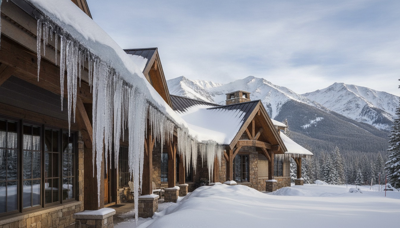 Ice dam with icicles forming on the roof edge of a snowy mountain home in Colorado