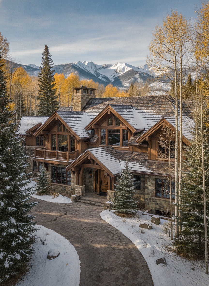 Luxury alpine homes in Vail Colorado, european chalet architecture, aspens and evergreens