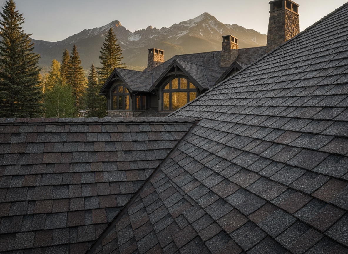 Luxury designer shingle roof on a mountain estate, detail shot