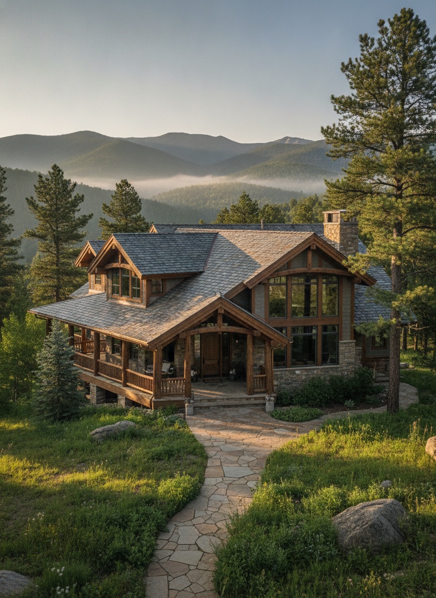 Luxury mountain home among ponderosa pines in the Colorado foothills near Evergreen, morning light