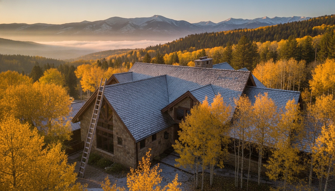 Mountain home roof with first dusting of snow, ladder against the eave, autumn aspens