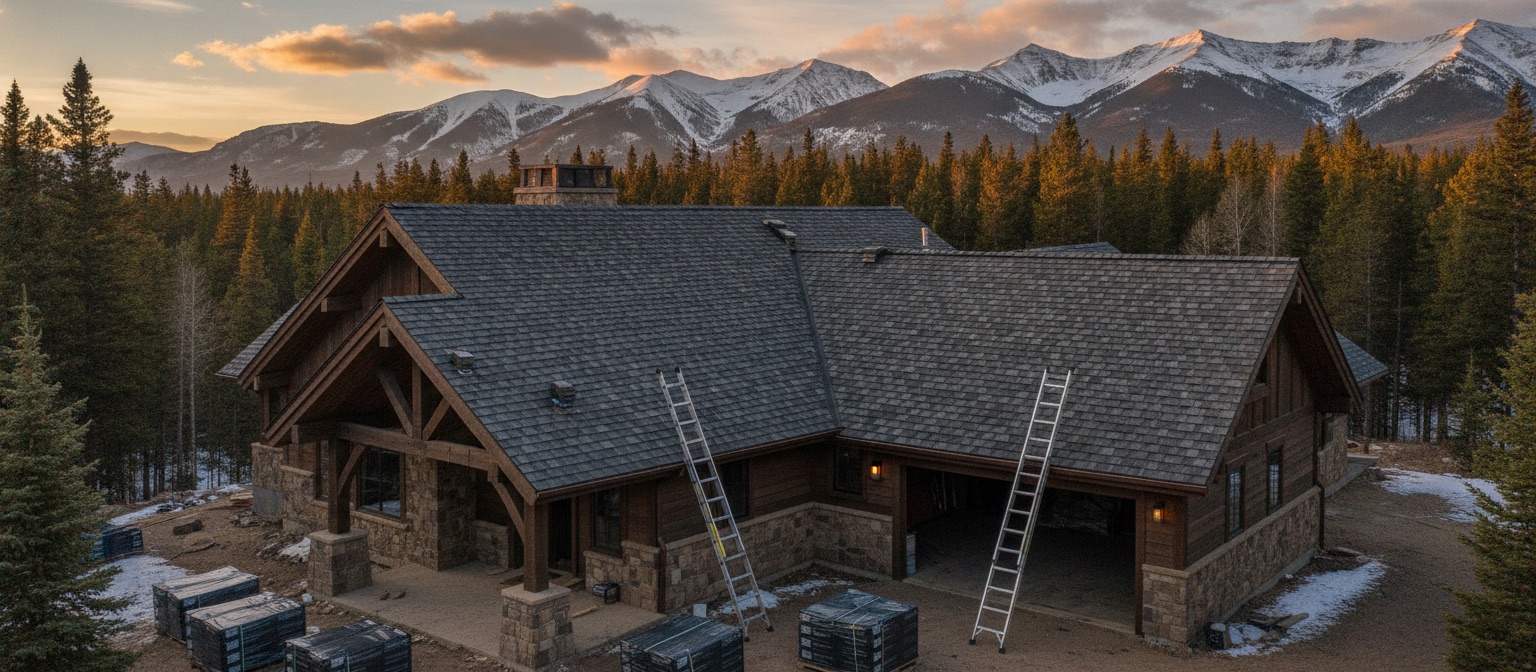 Mountain job site at golden hour, new roof going on, evergreens and peaks behind. Replace with a real photo.