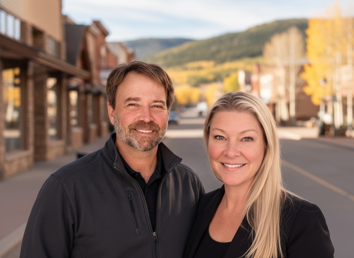 Peter & Cindy in downtown Evergreen: Main Street, the lake, or a local landmark. Replace with real photo.
