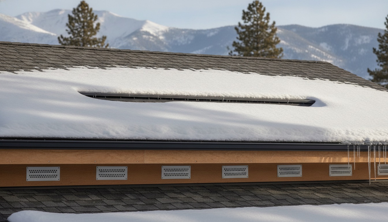 Ridge vent detail on snowy mountain roof with soffit vents visible under the eaves