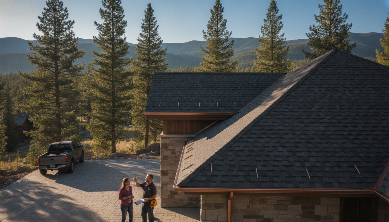 Roofer and homeowner doing final walkthrough of completed roof with checklist