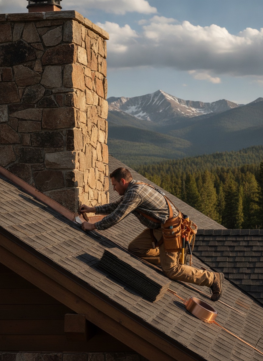 Roofer repairing flashing around a chimney on a mountain home, tool belt and replacement shingles