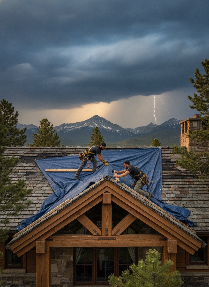Roofers securing a heavy-duty tarp over storm-damaged roof section, dramatic clearing storm sky