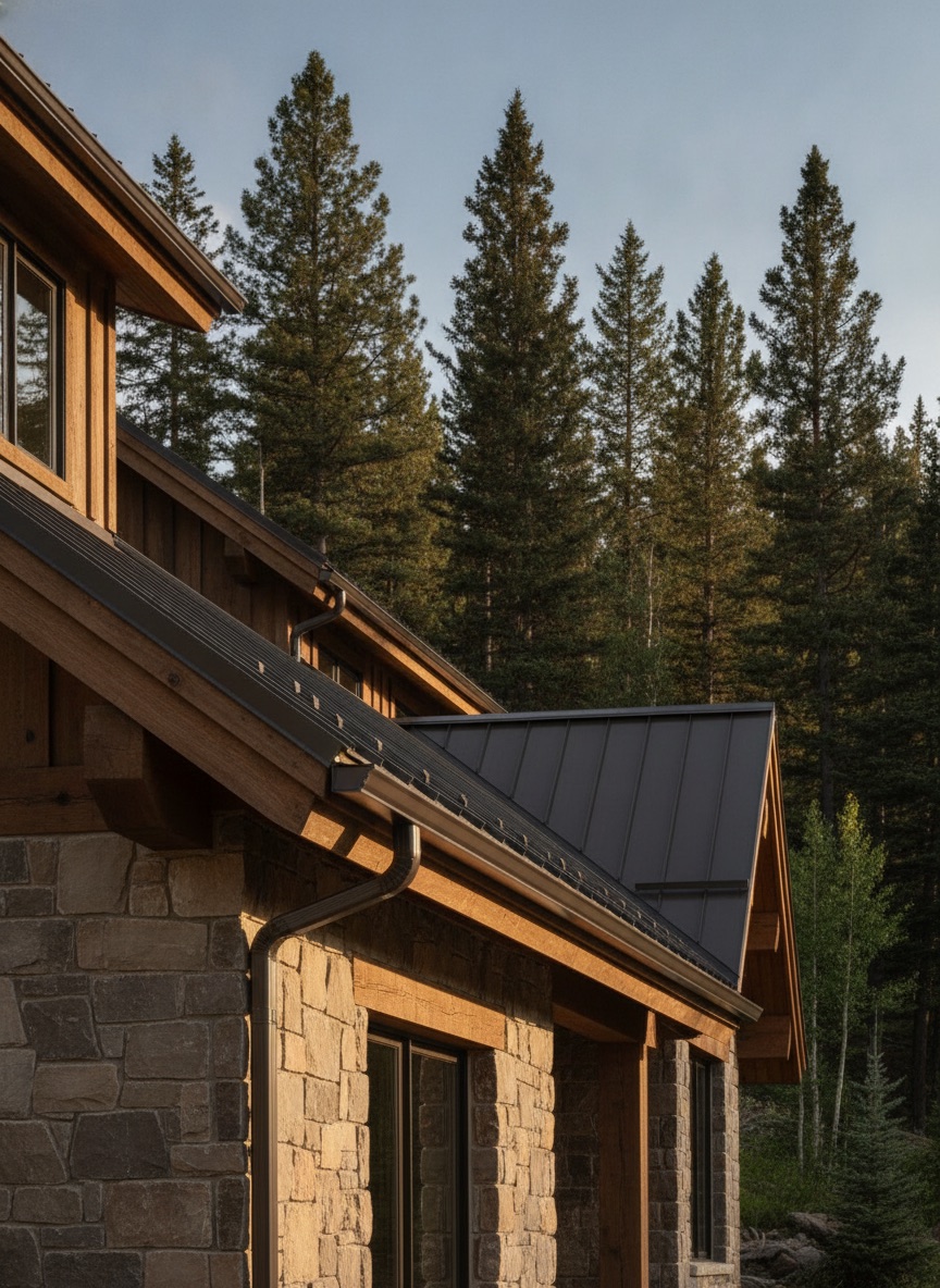 Seamless gutter installation on a mountain home, long gutter run with pine trees behind