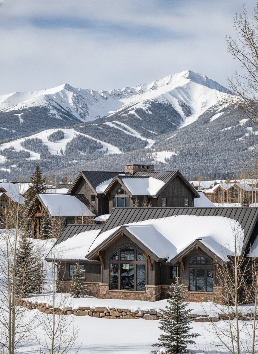 Ski country homes in Breckenridge Colorado with the snowy Tenmile Range behind