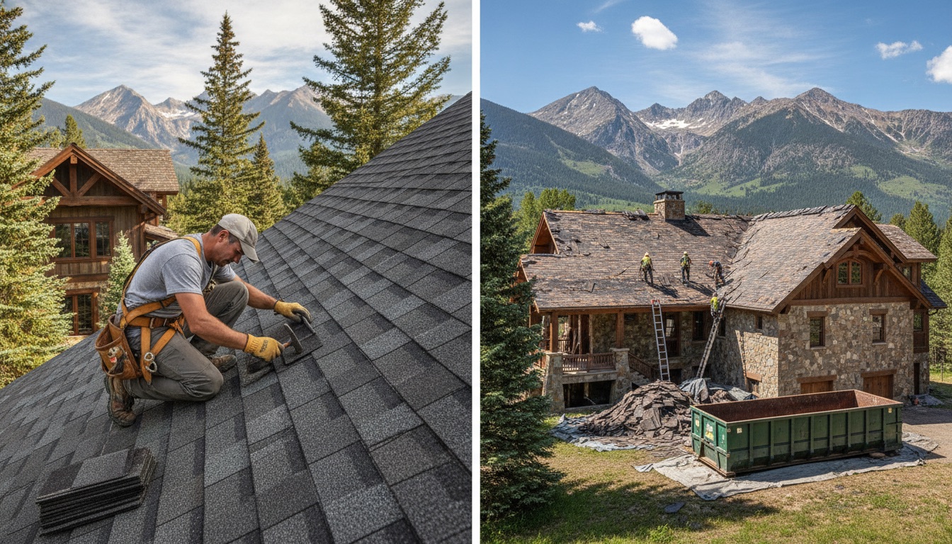 Split view of a roof repair in progress and a full replacement tear-off on mountain homes
