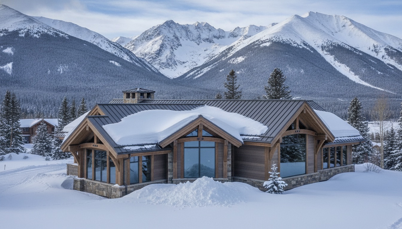 Standing seam metal roof on a mountain chalet shedding snow, Tenmile Range behind
