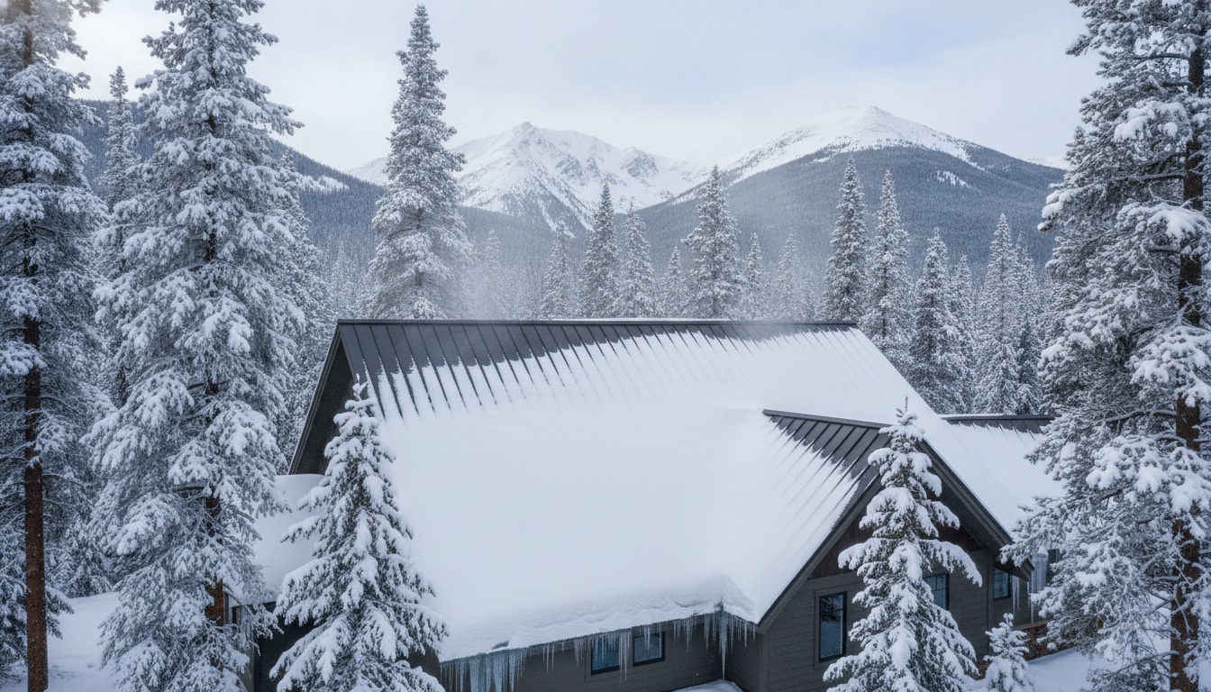 Very deep snow on a steep metal roof in Summit County Colorado, winter