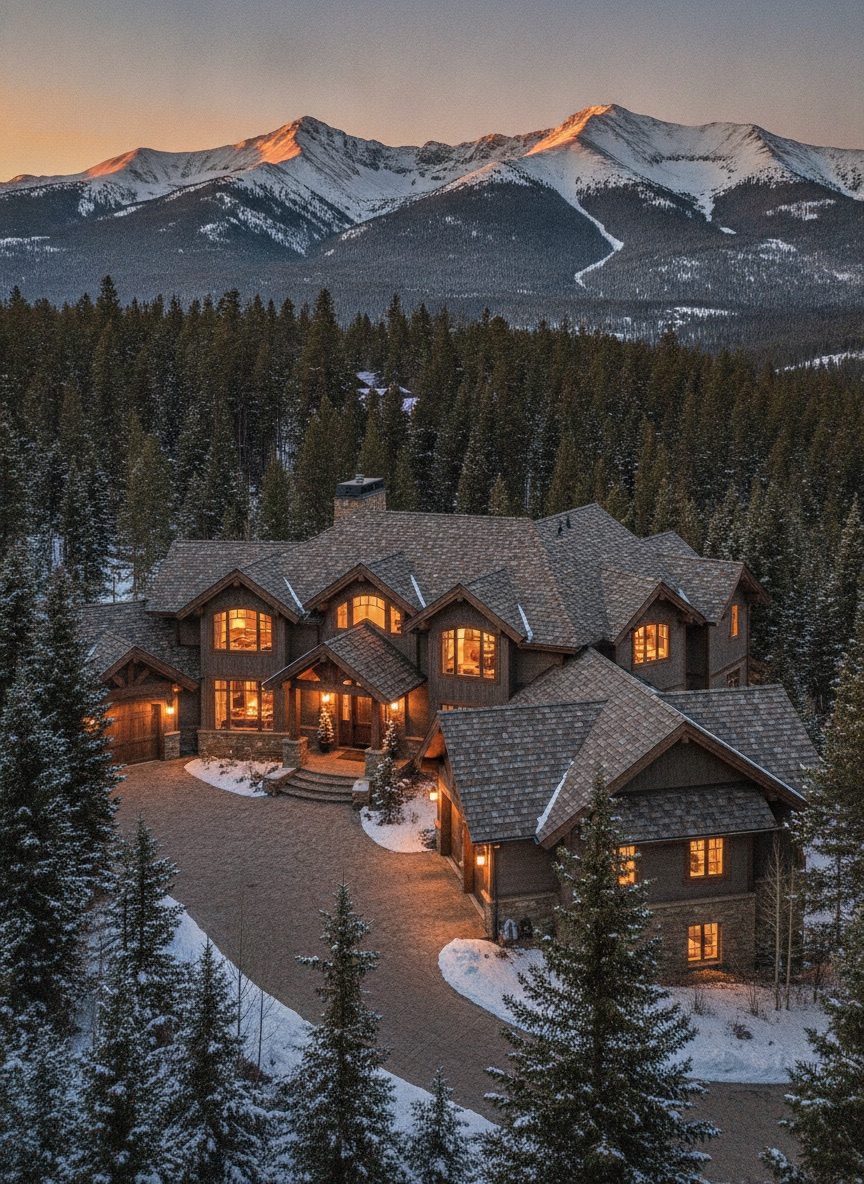 Wide shot: mountain home with new shingles, dusk alpenglow on peaks behind, warm interior lights on. Replace with real project photo.