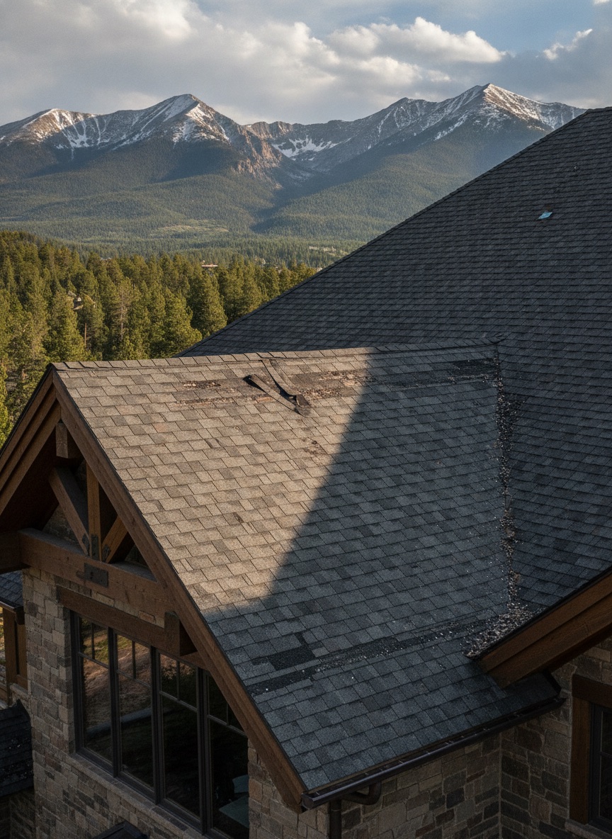 Wind-lifted asphalt shingles and damaged ridge cap on a Colorado mountain home roof